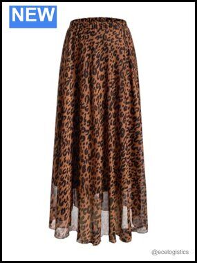 Plus Size Leopard Print Chiffon Maxi Skirt High Waist Flared